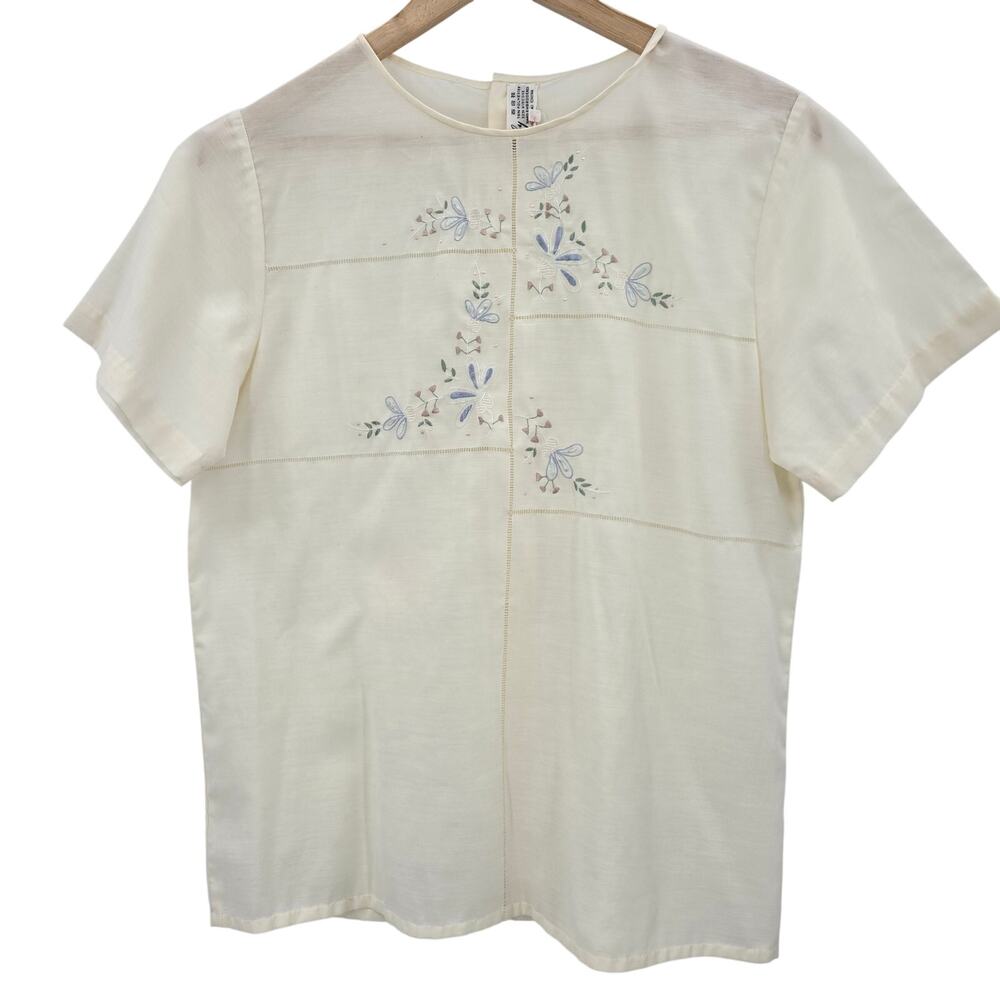 Lily Women Vtg 60/70s Grandma Cottage Sheer Dainty Floral Hand Embroidered Top M